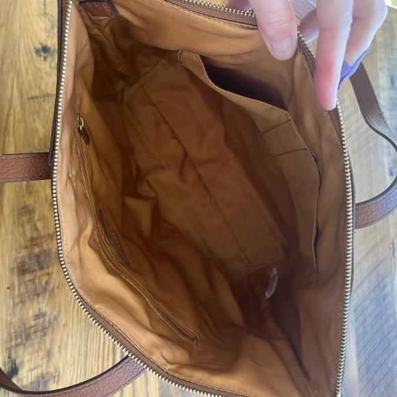 Fossil Rachel Zip Top Tote Gray Plaid Shoulder Bag Brown Leather Trim NWOT - Picture 5 of 10